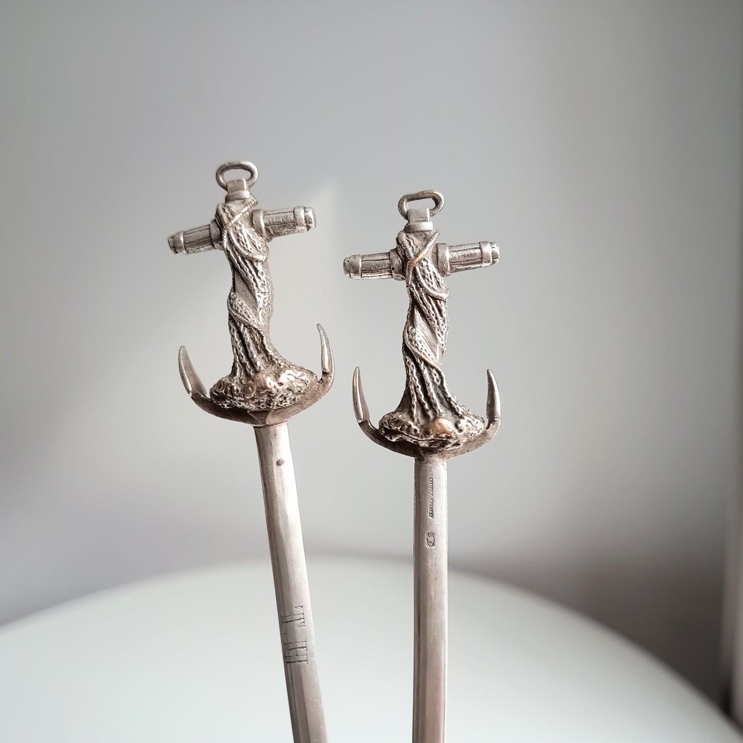 Pair of French Cailar Bayard Art Nouveau Silvered Anchor Fish / Meat Skewers: Belle Epoque