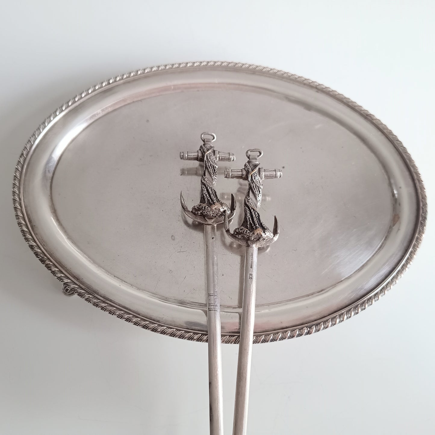 Pair of French Cailar Bayard Art Nouveau Silvered Anchor Fish / Meat Skewers: Belle Epoque