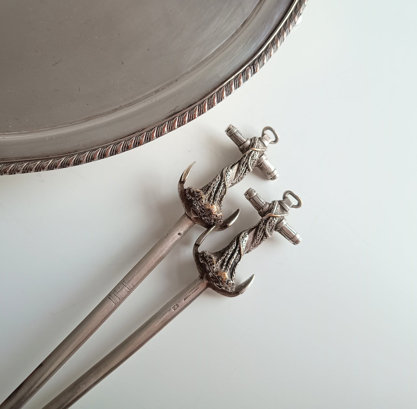 Pair of French Cailar Bayard Art Nouveau Silvered Anchor Fish / Meat Skewers: Belle Epoque