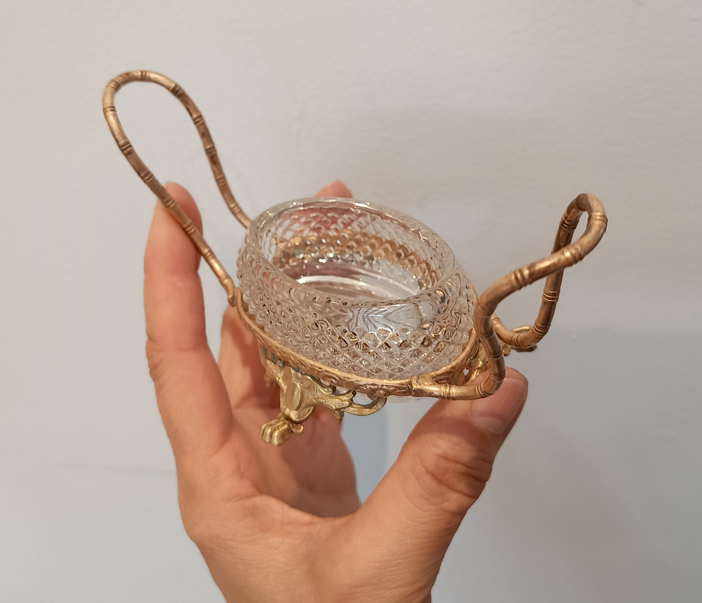 Vintage French Small Serving Dish: Ormolu Empire Feet, Faux Bamboo Handles Seiler Sevres Style 1900