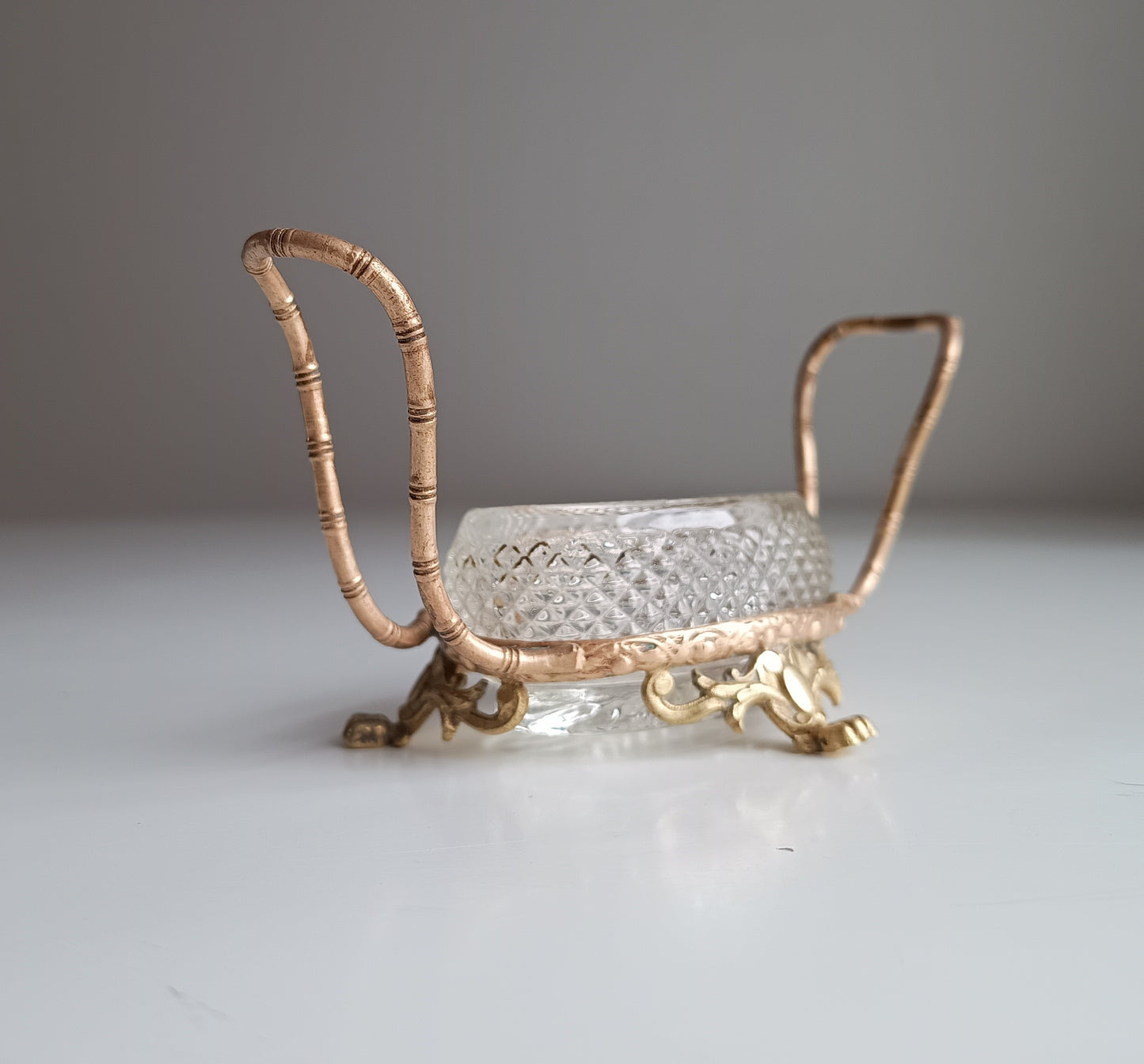 Vintage French Small Serving Dish: Ormolu Empire Feet, Faux Bamboo Handles Seiler Sevres Style 1900