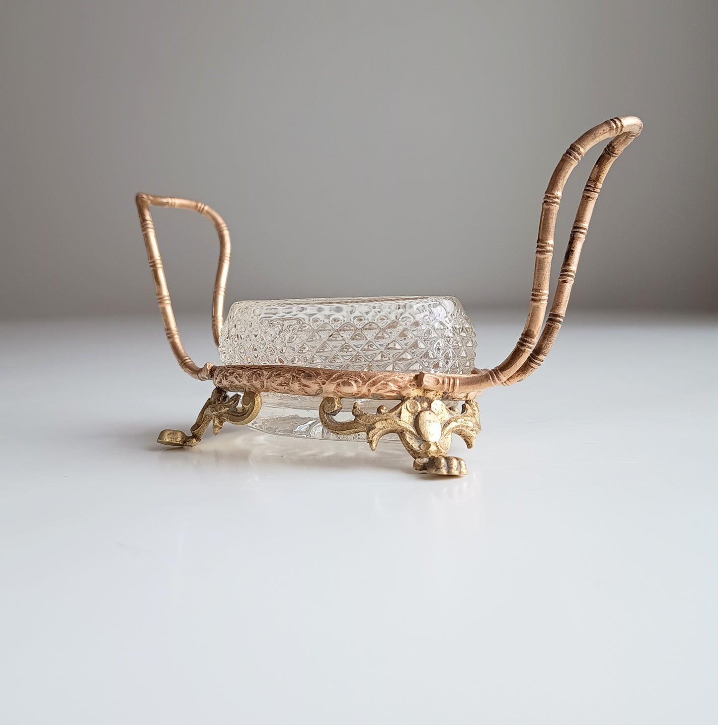 Vintage French Small Serving Dish: Ormolu Empire Feet, Faux Bamboo Handles Seiler Sevres Style 1900