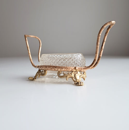 Vintage French Small Serving Dish: Ormolu Empire Feet, Faux Bamboo Handles Seiler Sevres Style 1900