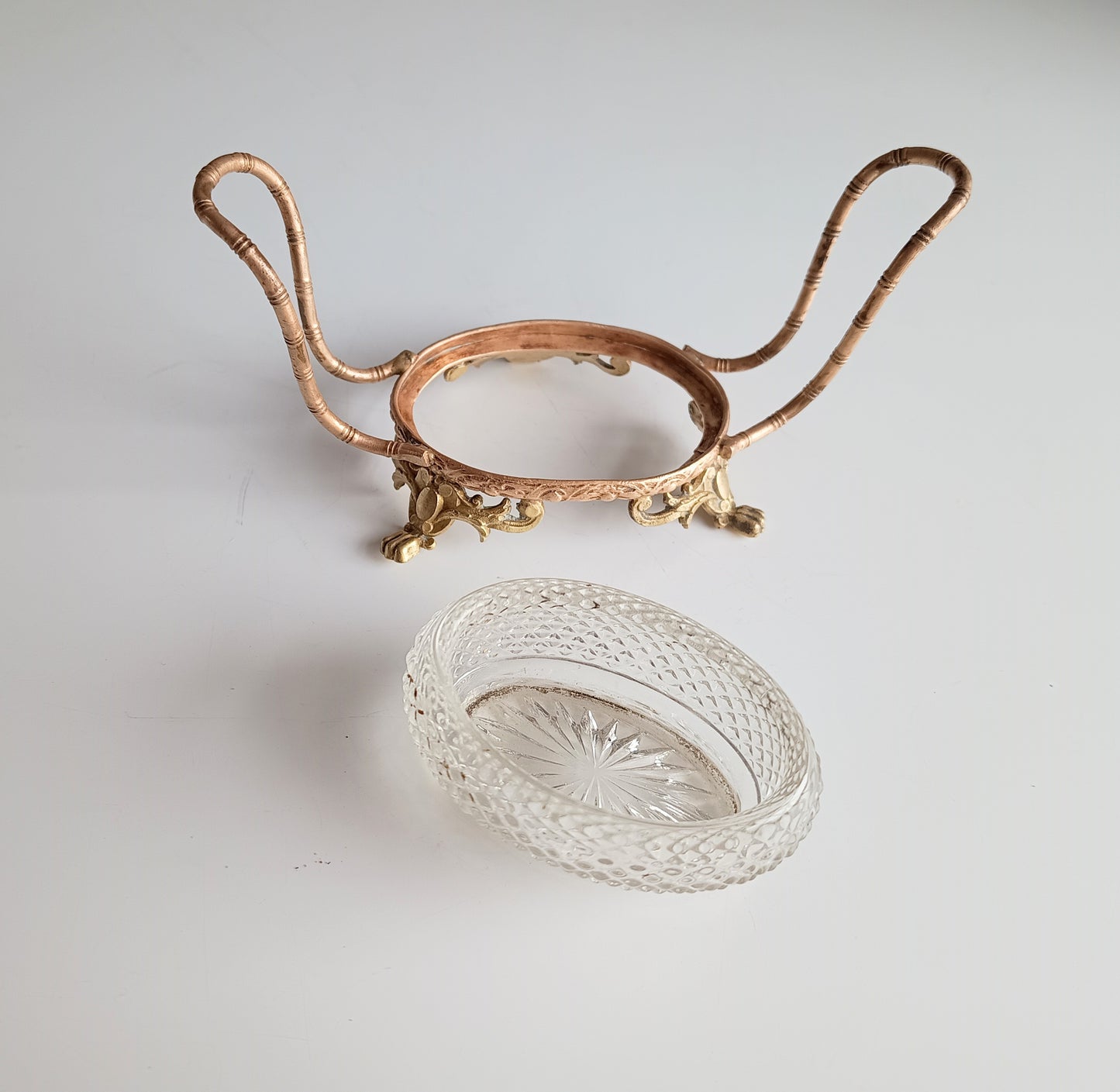 Vintage French Small Serving Dish: Ormolu Empire Feet, Faux Bamboo Handles Seiler Sevres Style 1900