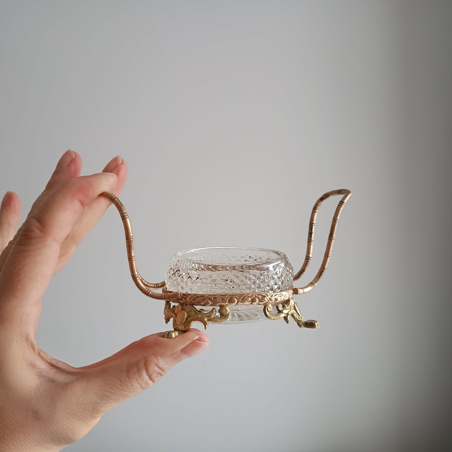 Vintage French Small Serving Dish: Ormolu Empire Feet, Faux Bamboo Handles Seiler Sevres Style 1900