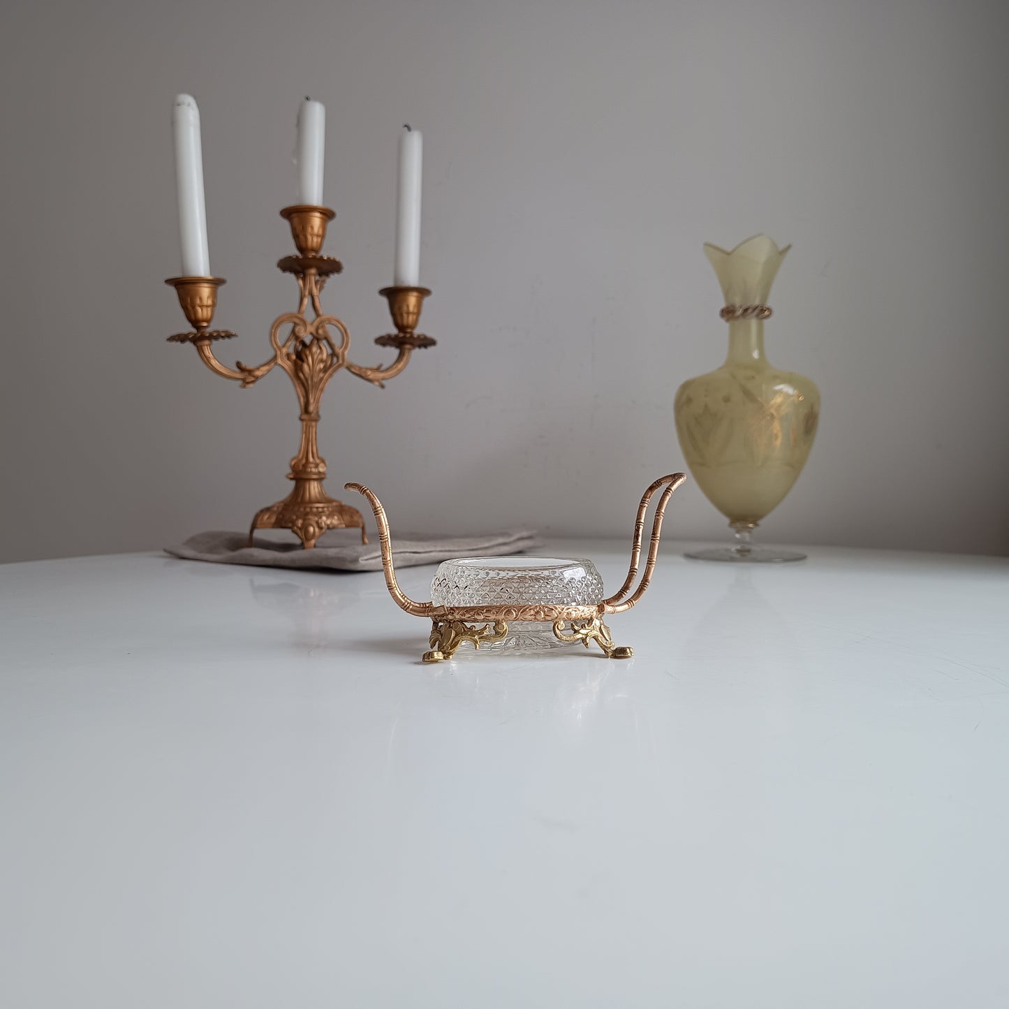 Vintage French Small Serving Dish: Ormolu Empire Feet, Faux Bamboo Handles Seiler Sevres Style 1900