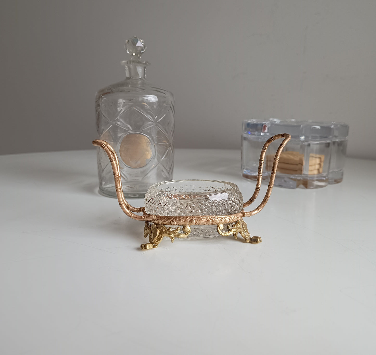 Vintage French Small Serving Dish: Ormolu Empire Feet, Faux Bamboo Handles Seiler Sevres Style 1900