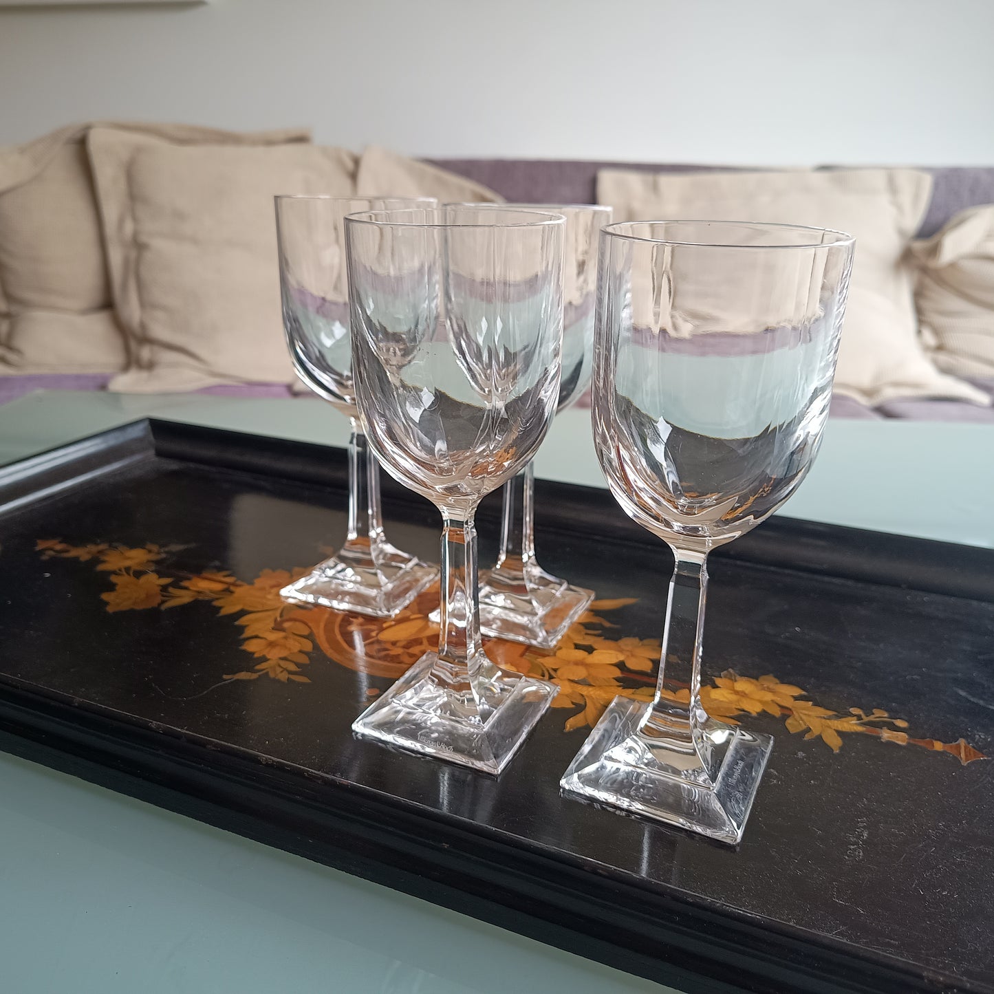 Vintage Villeroy Boch Set of 4 Crystal Wine Glasses: Orangerie Collection, Geometric Foot