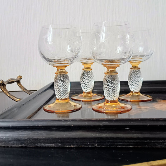 Vintage Hand Made Theresienthal Crystal Roemer Wine Glasses: Twisted Stem, Honey Yellow Decor