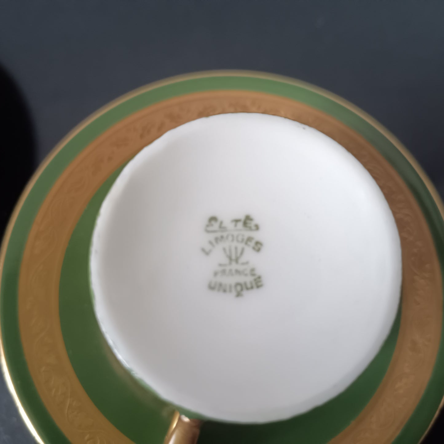 Art Deco Limoges Arlequin Collection: 3 Cups & Saucers, Acid Etched Oak Leaf Gilding, 1929