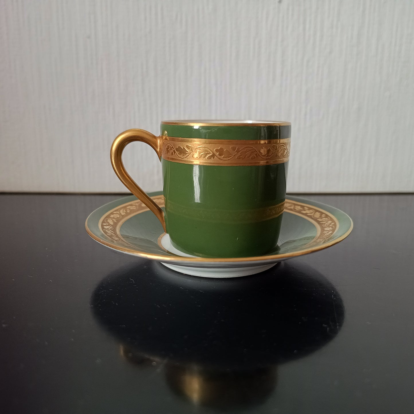 Art Deco Limoges Arlequin Collection: 3 Cups & Saucers, Acid Etched Oak Leaf Gilding, 1929