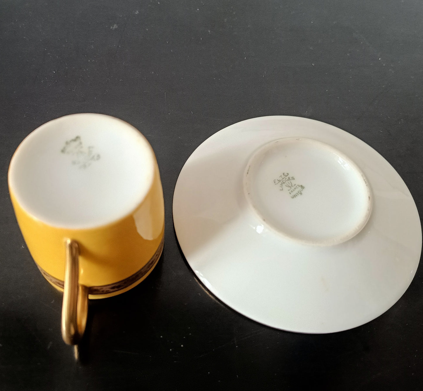 Art Deco Limoges Arlequin Collection: 3 Cups & Saucers, Acid Etched Oak Leaf Gilding, 1929