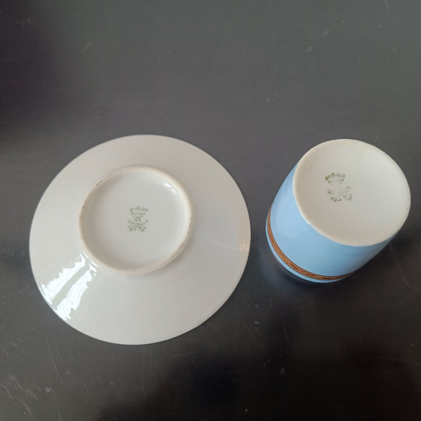 Art Deco Limoges Arlequin Collection: 3 Cups & Saucers, Acid Etched Oak Leaf Gilding, 1929