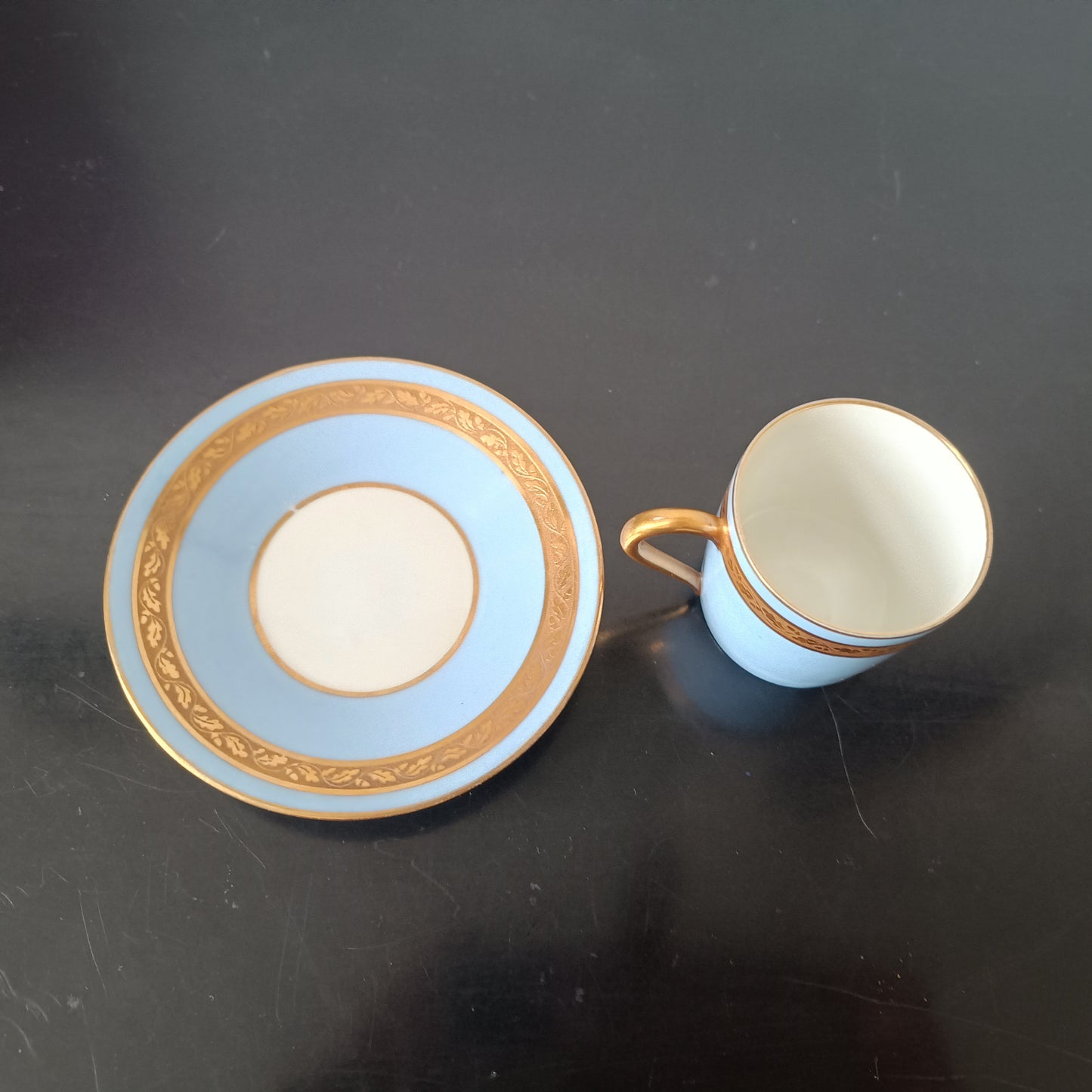 Art Deco Limoges Arlequin Collection: 3 Cups & Saucers, Acid Etched Oak Leaf Gilding, 1929