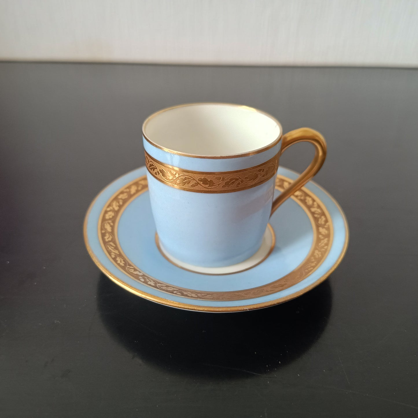 Art Deco Limoges Arlequin Collection: 3 Cups & Saucers, Acid Etched Oak Leaf Gilding, 1929