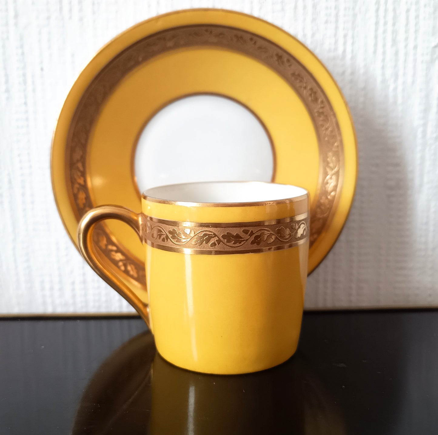 Art Deco Limoges Arlequin Collection: 3 Cups & Saucers, Acid Etched Oak Leaf Gilding, 1929