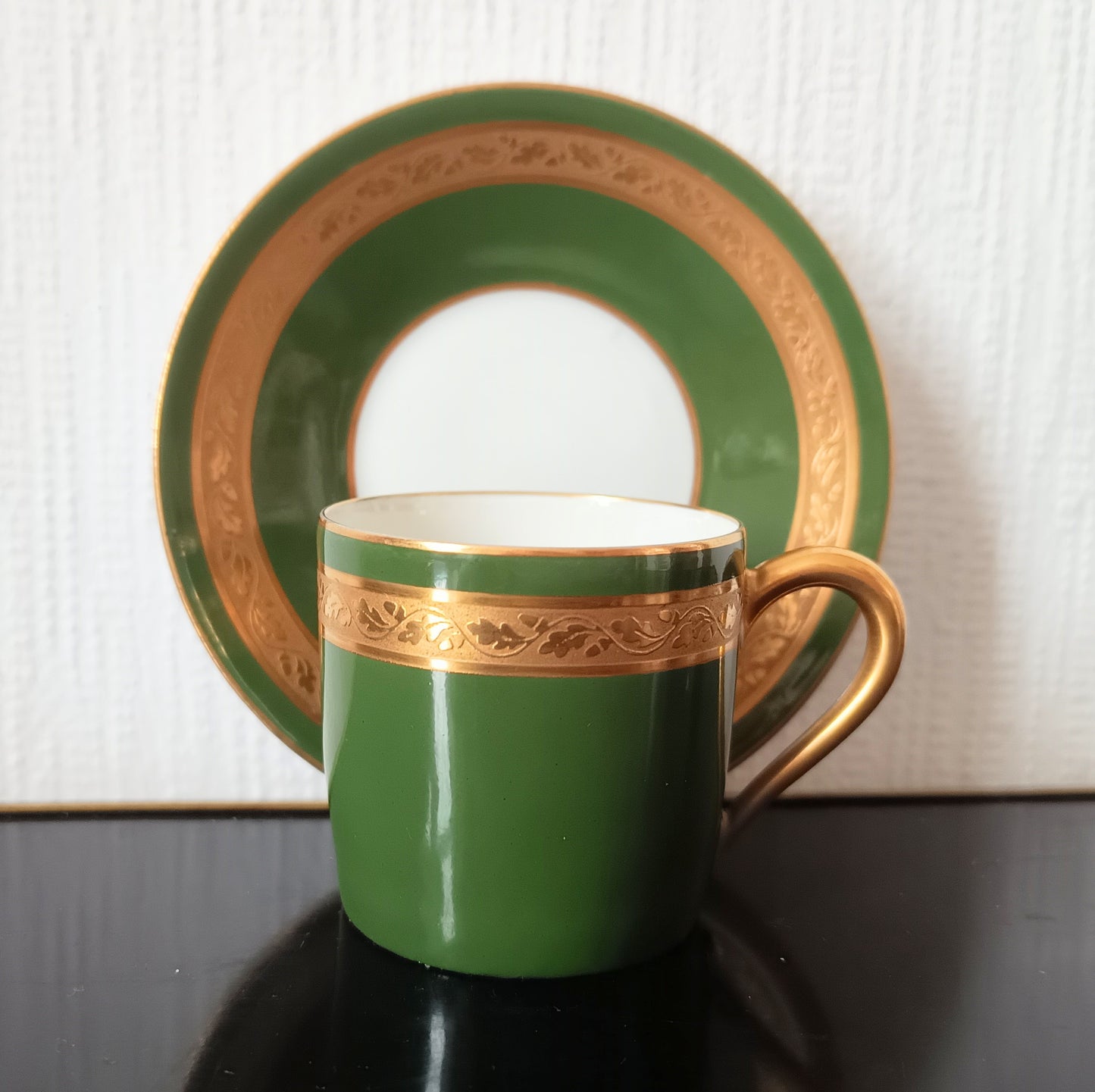 Art Deco Limoges Arlequin Collection: 3 Cups & Saucers, Acid Etched Oak Leaf Gilding, 1929