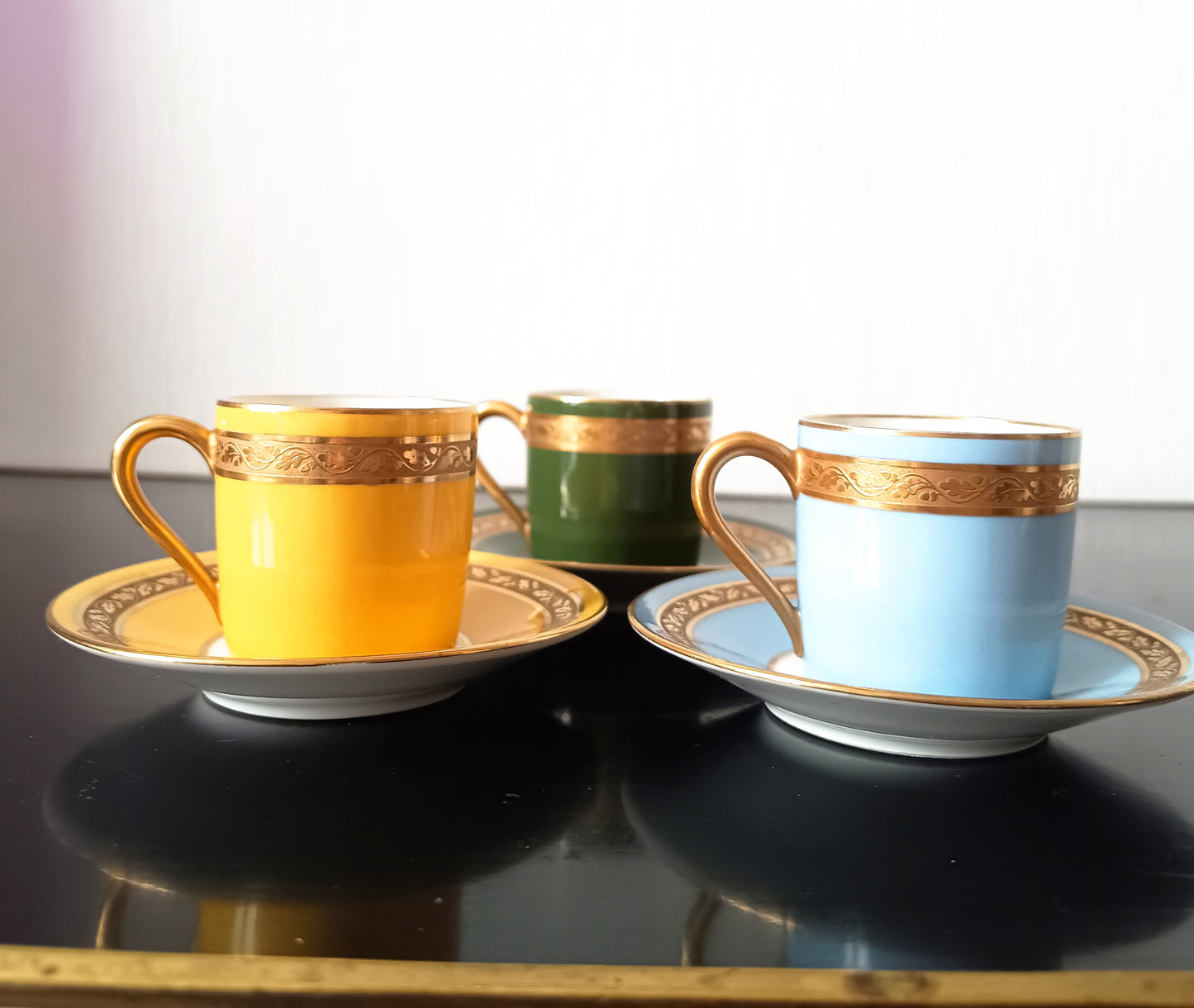 Art Deco Limoges Arlequin Collection: 3 Cups & Saucers, Acid Etched Oak Leaf Gilding, 1929