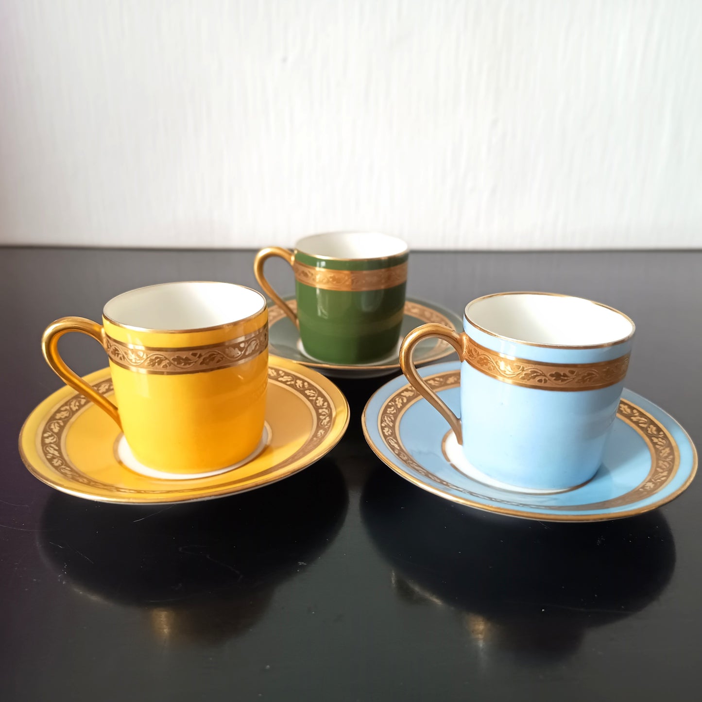 Art Deco Limoges Arlequin Collection: 3 Cups & Saucers, Acid Etched Oak Leaf Gilding, 1929