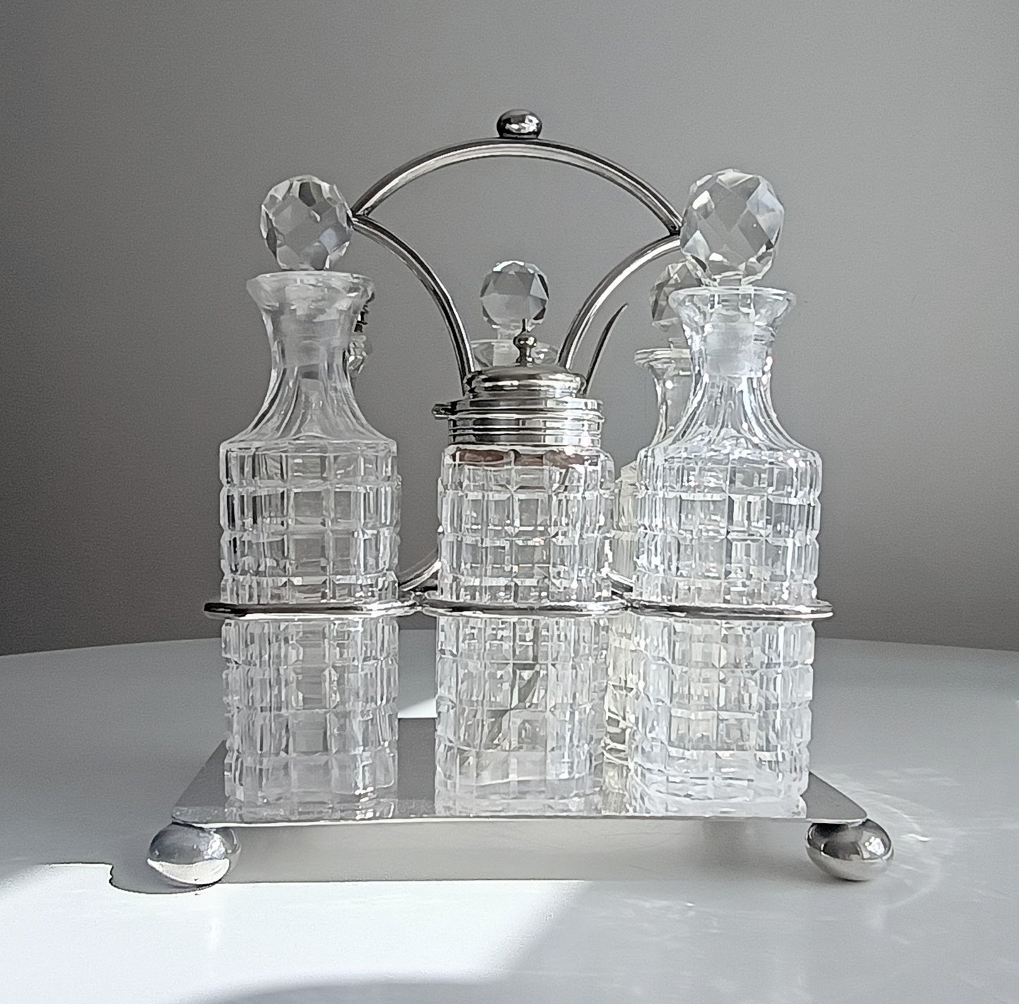 Antique James Deakin & Son Silver Plate Stand, Cut Glass Cruet Condiment Bottles, Sheffield