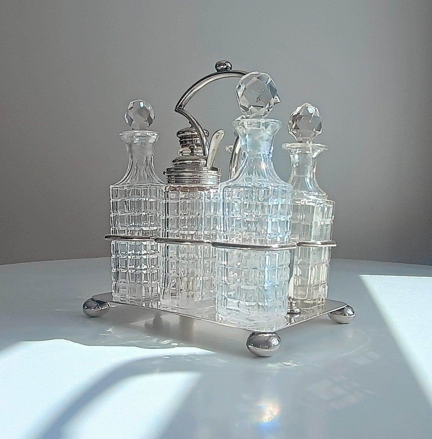 Antique James Deakin & Son Silver Plate Stand, Cut Glass Cruet Condiment Bottles, Sheffield