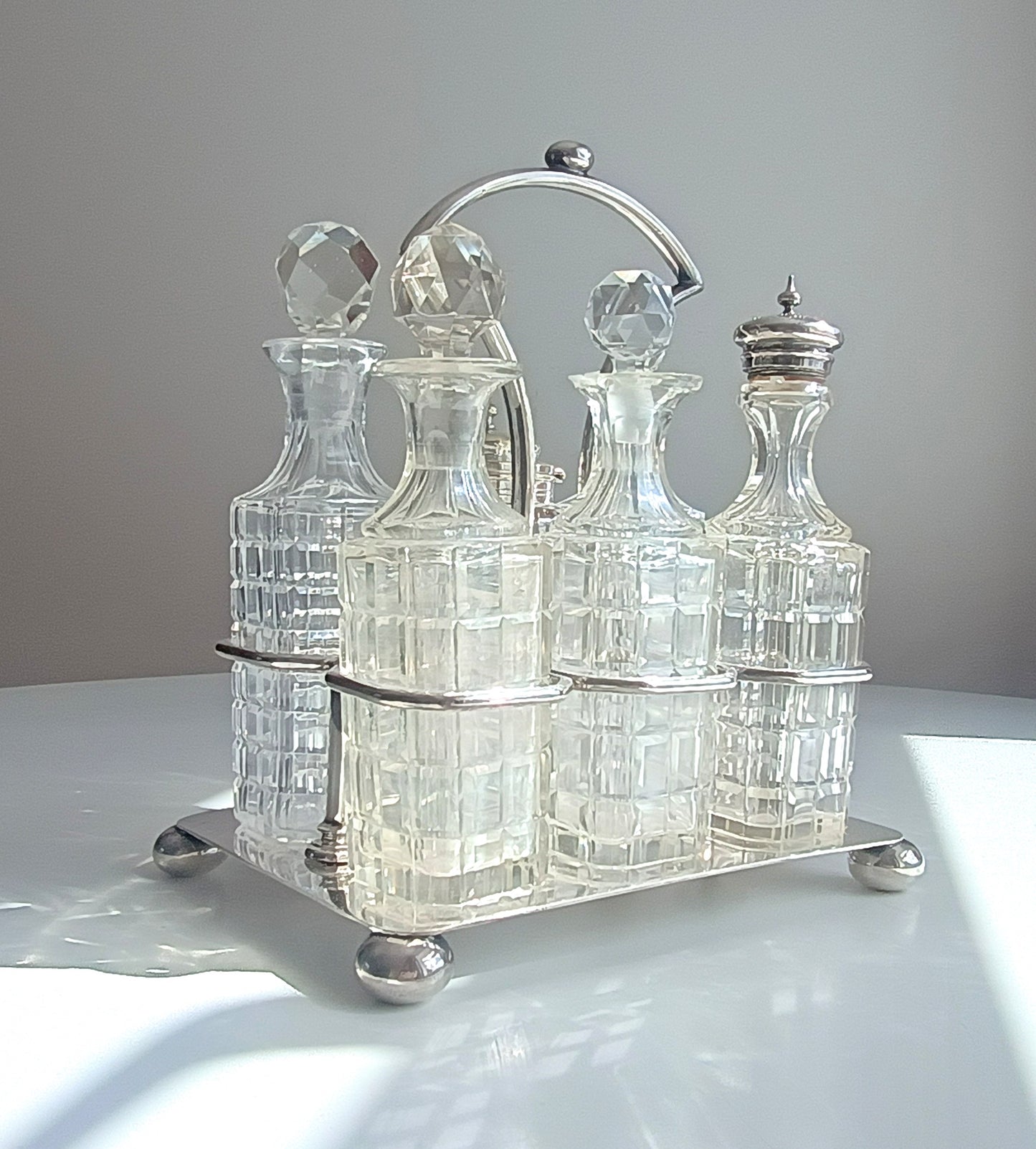 Antique James Deakin & Son Silver Plate Stand, Cut Glass Cruet Condiment Bottles, Sheffield