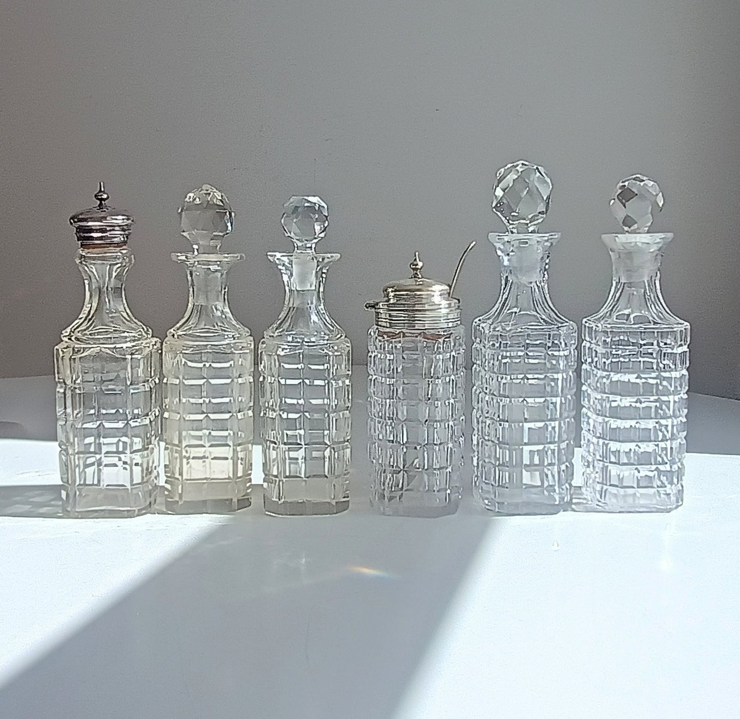Antique James Deakin & Son Silver Plate Stand, Cut Glass Cruet Condiment Bottles, Sheffield