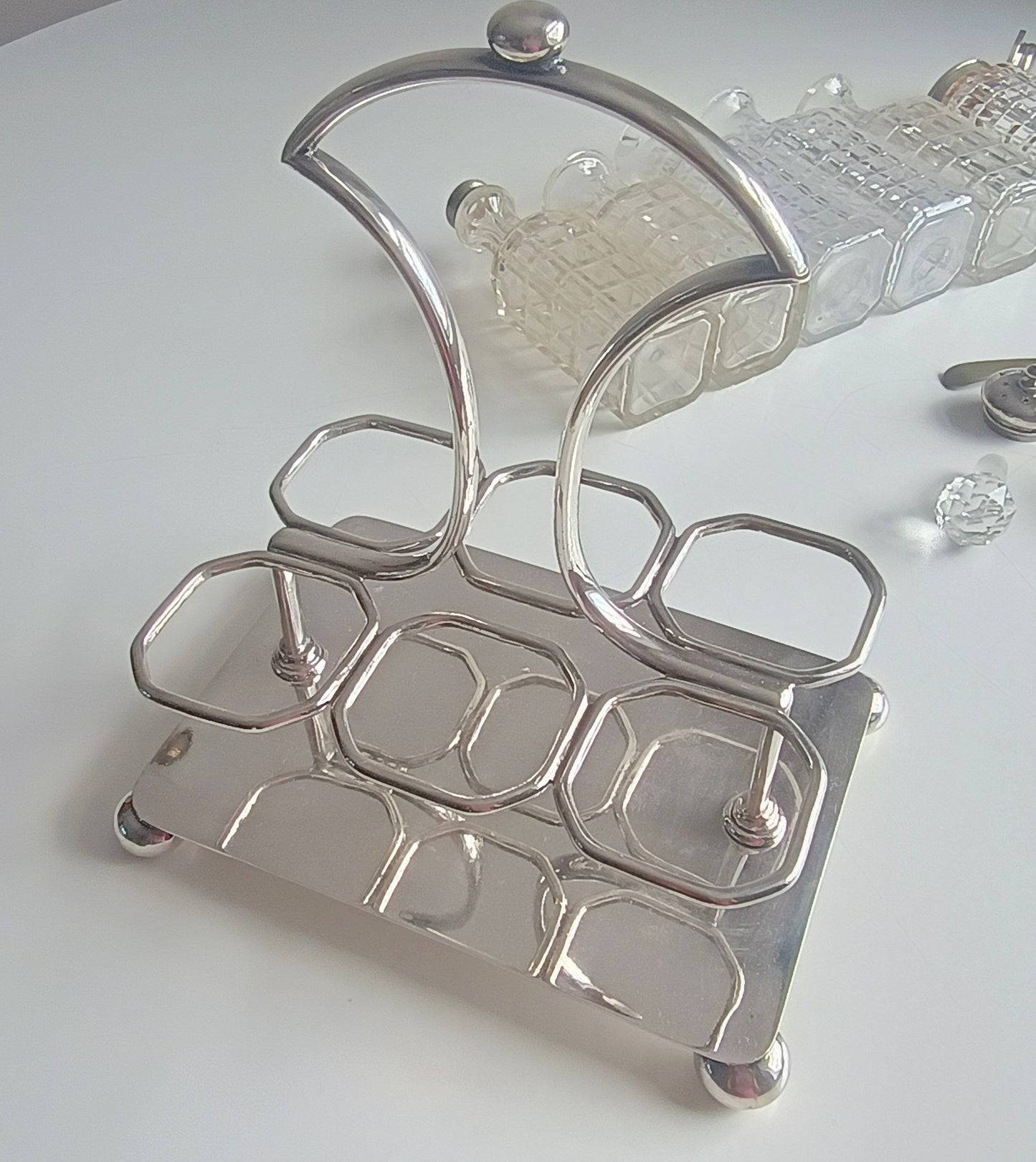 Antique James Deakin & Son Silver Plate Stand, Cut Glass Cruet Condiment Bottles, Sheffield