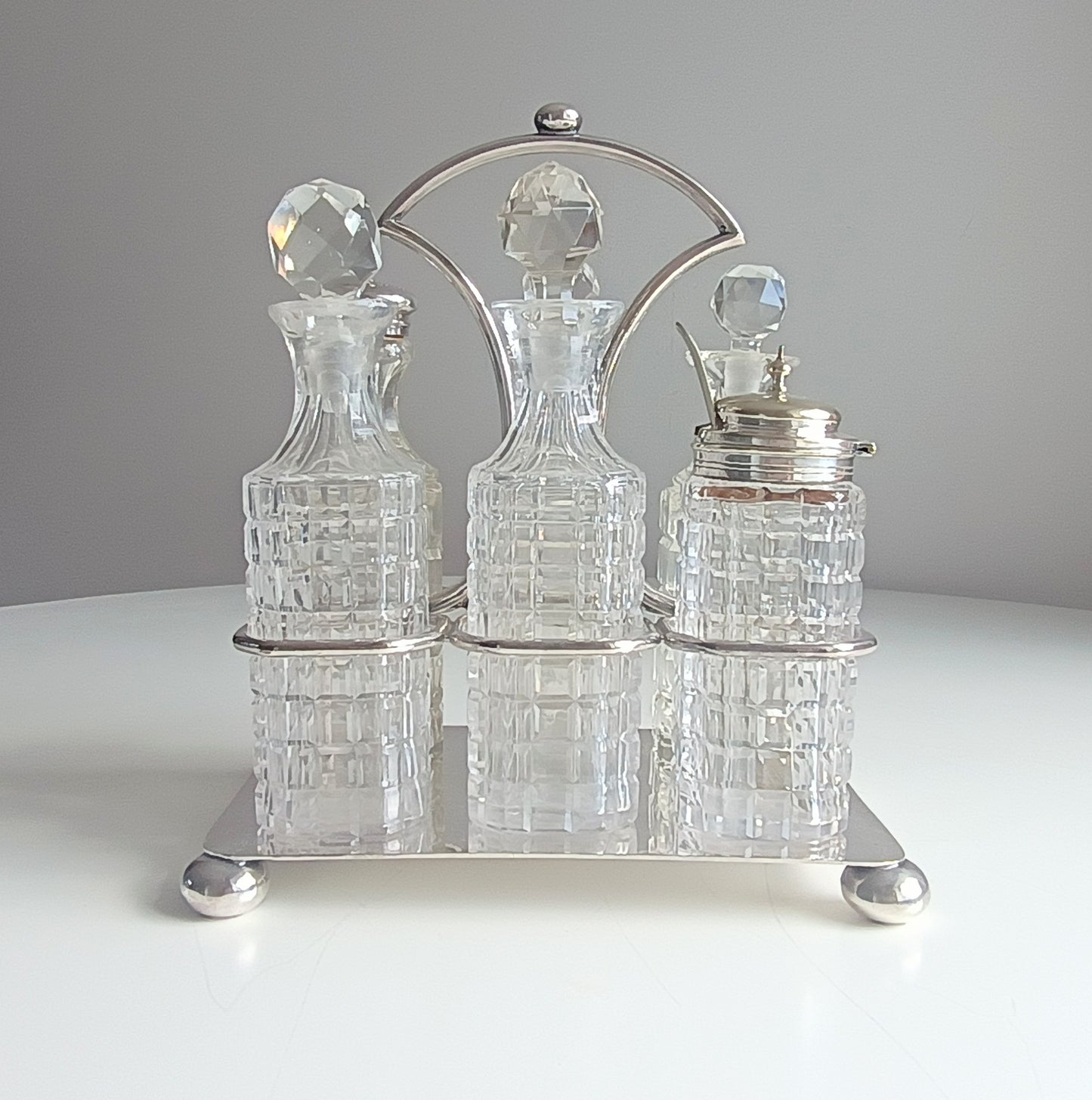 Antique James Deakin & Son Silver Plate Stand, Cut Glass Cruet Condiment Bottles, Sheffield