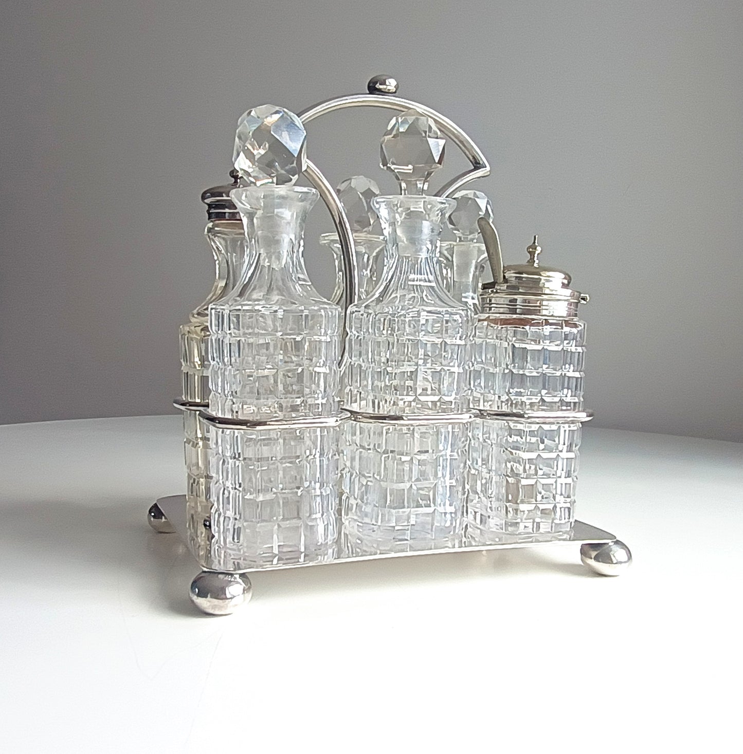 Antique James Deakin & Son Silver Plate Stand, Cut Glass Cruet Condiment Bottles, Sheffield