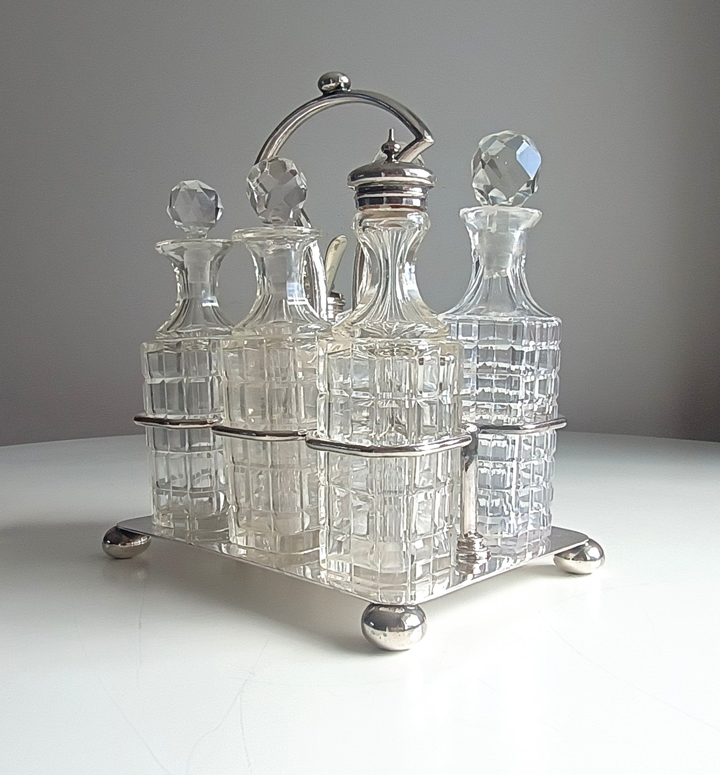 Antique James Deakin & Son Silver Plate Stand, Cut Glass Cruet Condiment Bottles, Sheffield