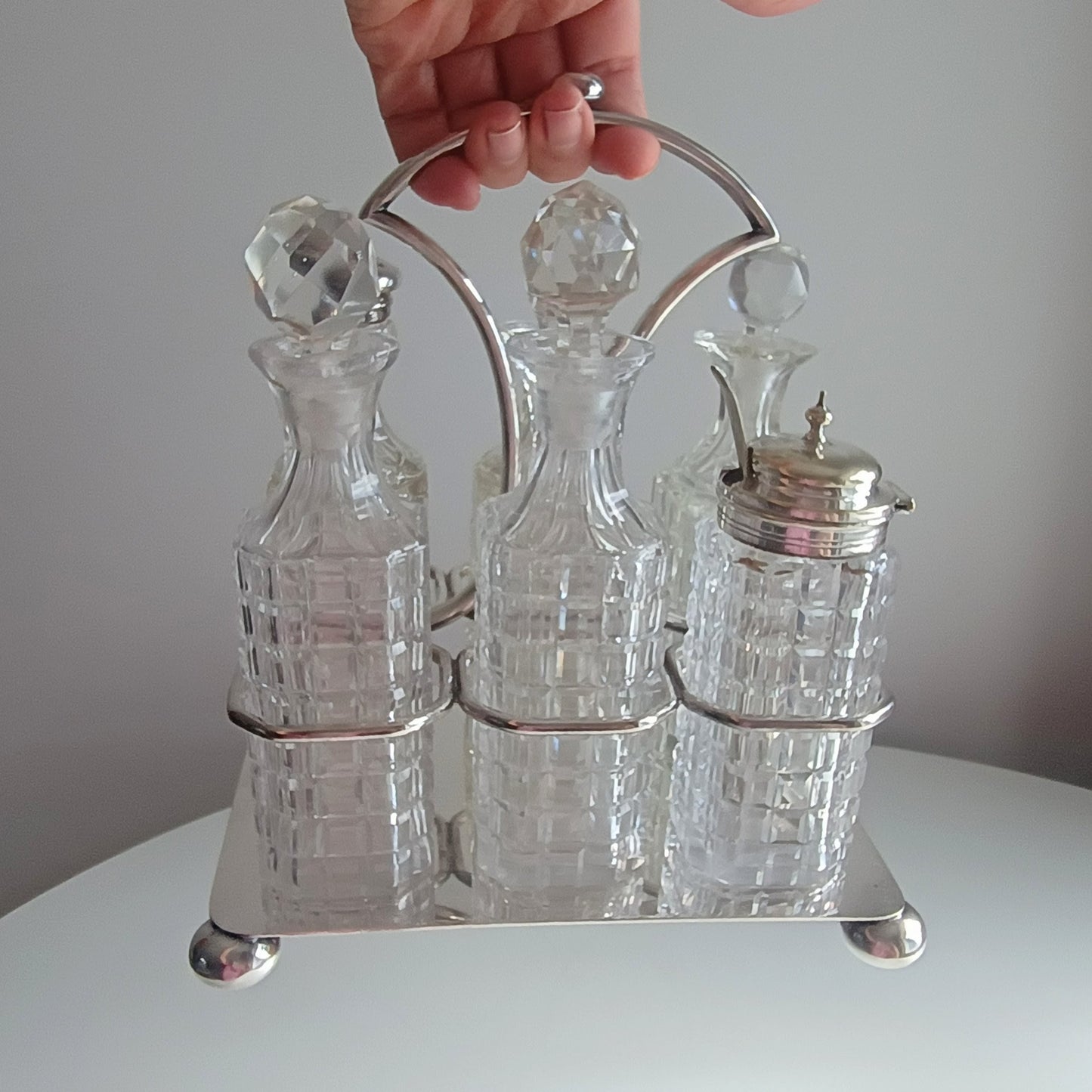 Antique James Deakin & Son Silver Plate Stand, Cut Glass Cruet Condiment Bottles, Sheffield