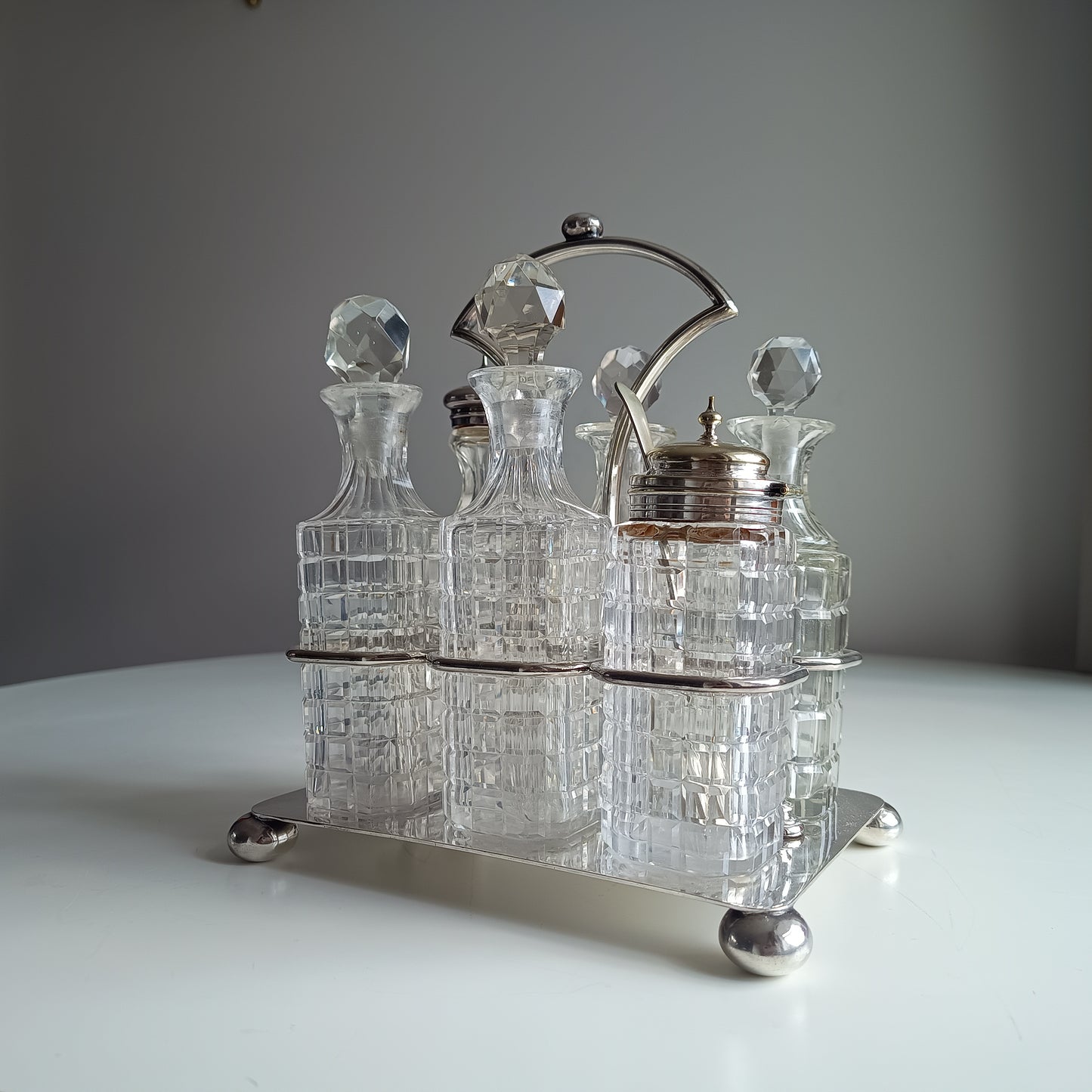 Antique James Deakin & Son Silver Plate Stand, Cut Glass Cruet Condiment Bottles, Sheffield
