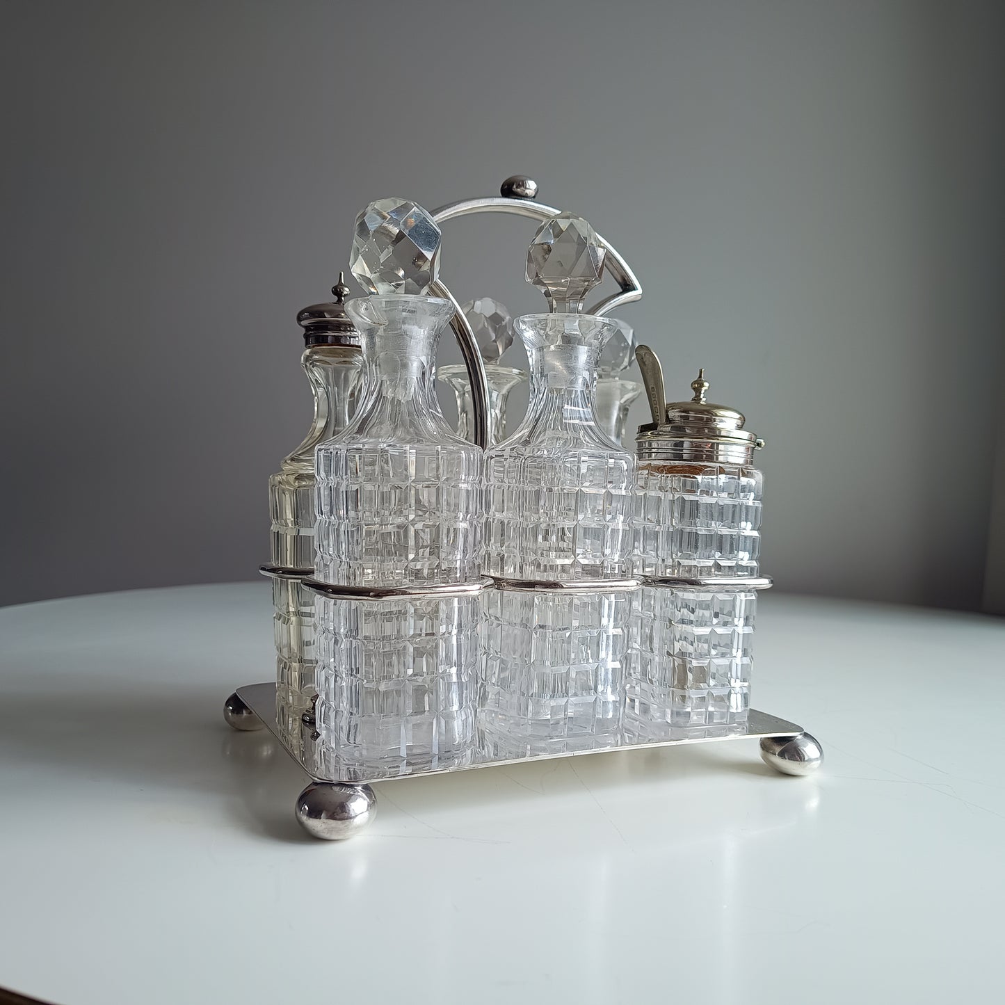 Antique James Deakin & Son Silver Plate Stand, Cut Glass Cruet Condiment Bottles, Sheffield