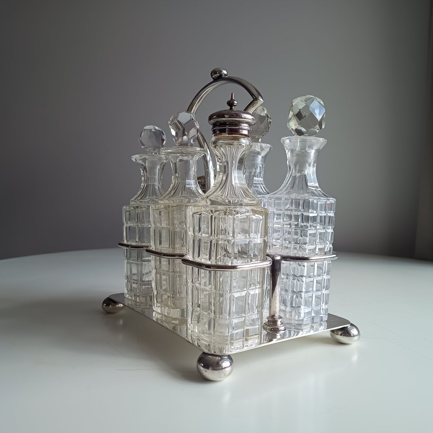 Antique James Deakin & Son Silver Plate Stand, Cut Glass Cruet Condiment Bottles, Sheffield