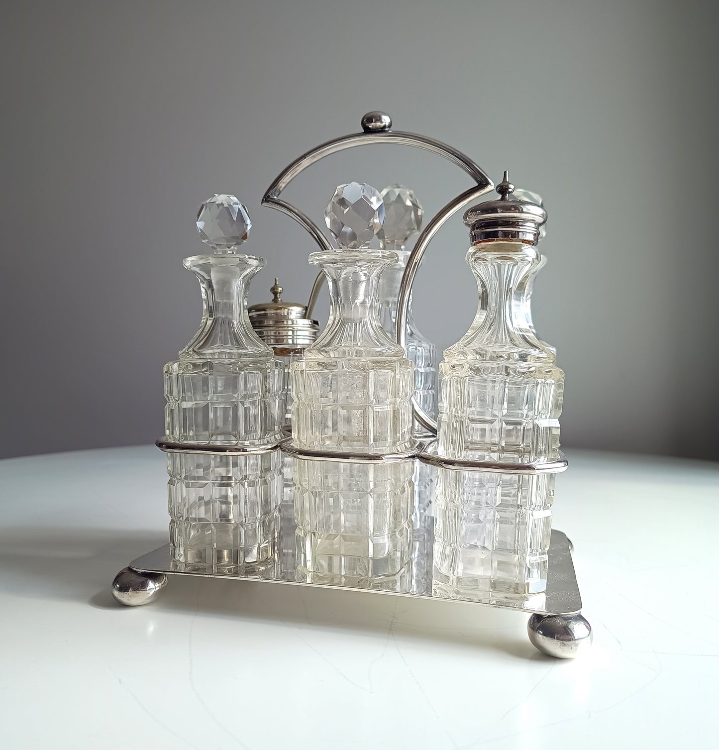 Antique James Deakin & Son Silver Plate Stand, Cut Glass Cruet Condiment Bottles, Sheffield