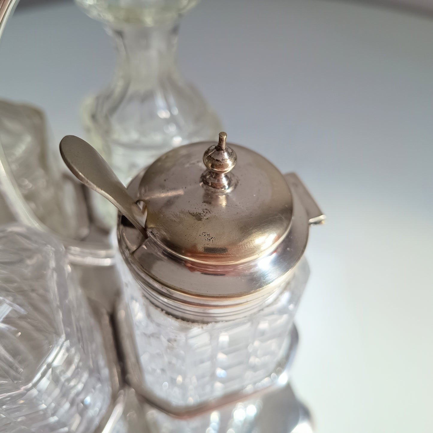 Antique James Deakin & Son Silver Plate Stand, Cut Glass Cruet Condiment Bottles, Sheffield