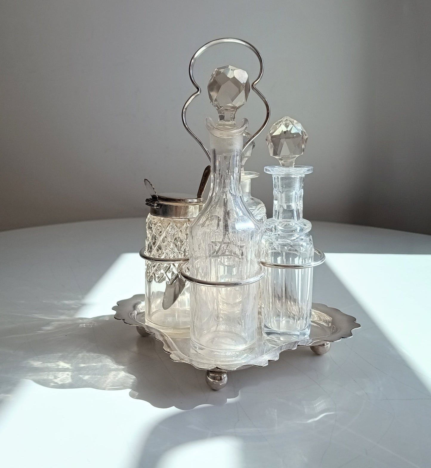 Antique A.E. Furniss & Sons Silver Plate Cruet Stand, 4 Cut Glass Condiment Bottles, Sheffield
