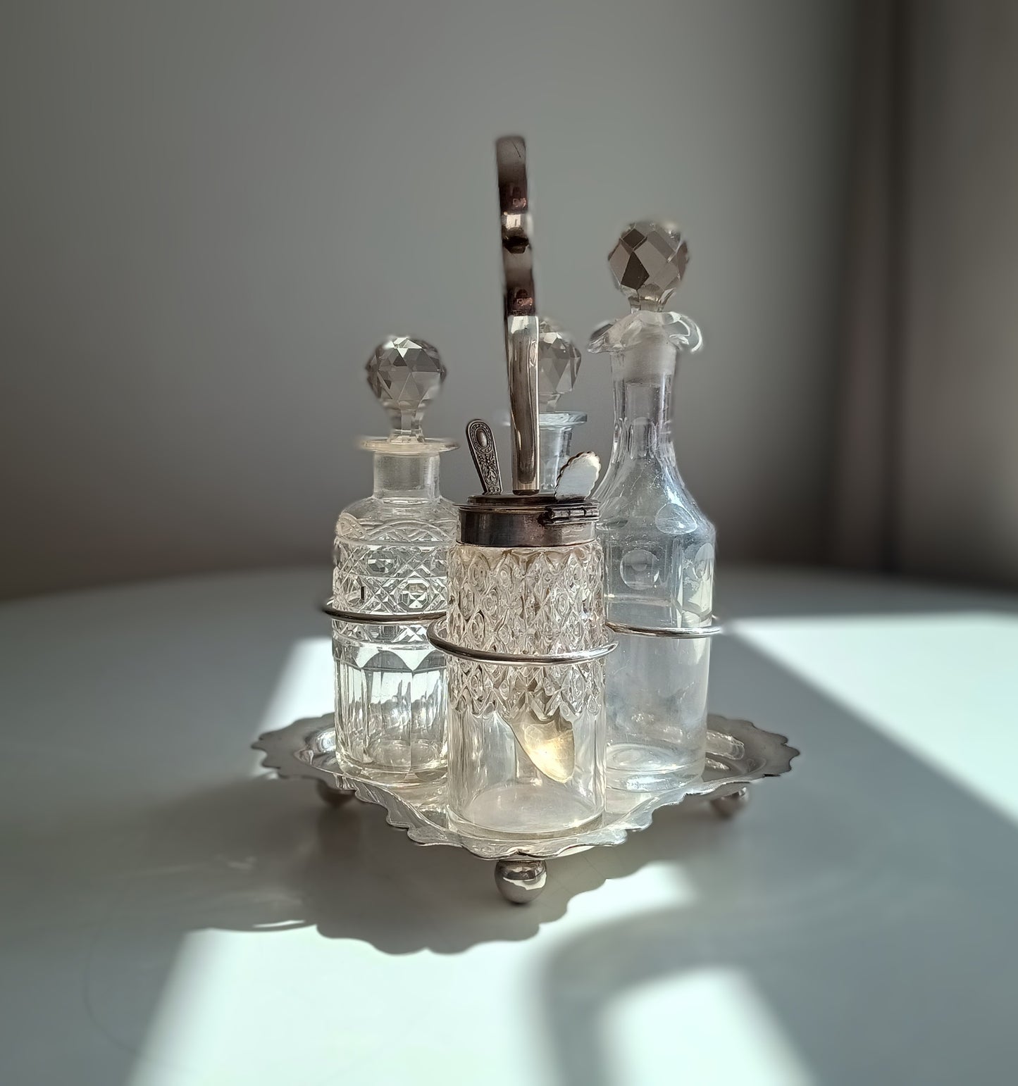 Antique A.E. Furniss & Sons Silver Plate Cruet Stand, 4 Cut Glass Condiment Bottles, Sheffield