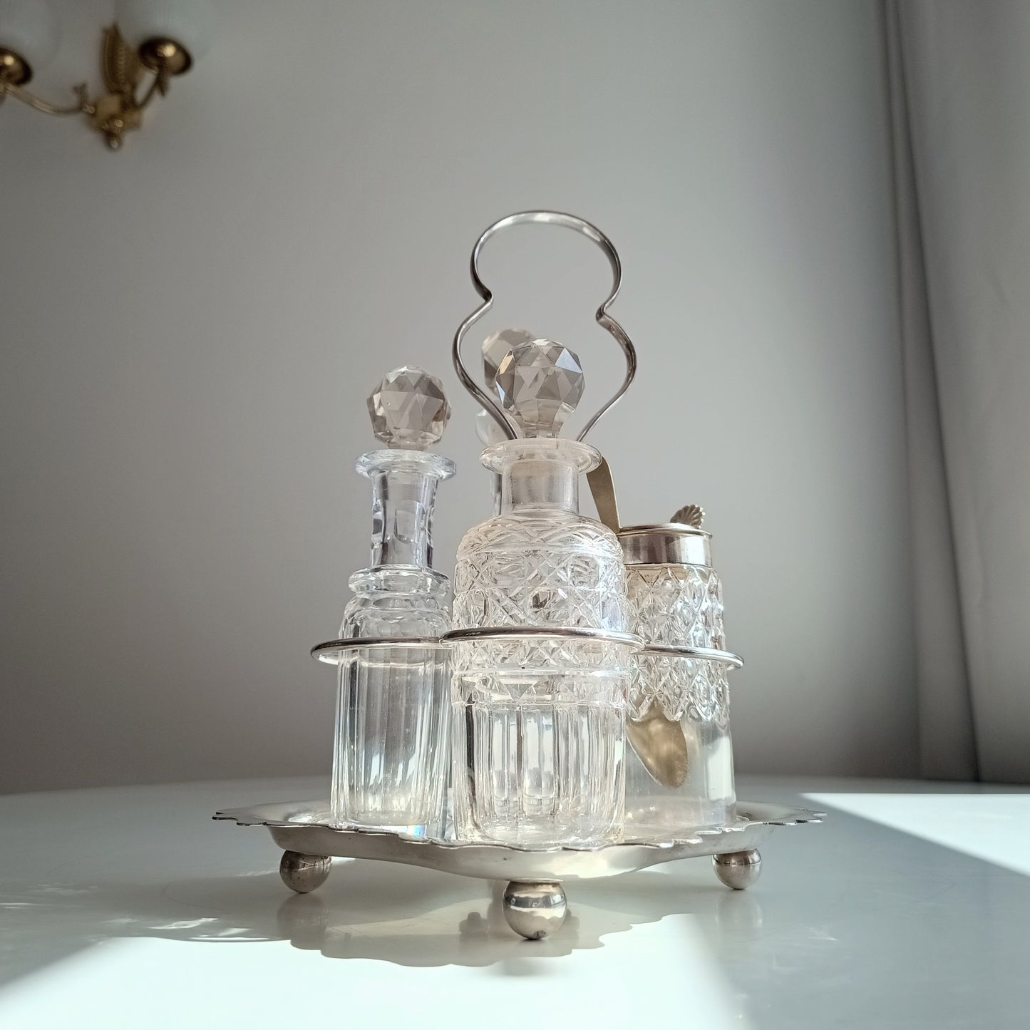Antique A.E. Furniss & Sons Silver Plate Cruet Stand, 4 Cut Glass Condiment Bottles, Sheffield