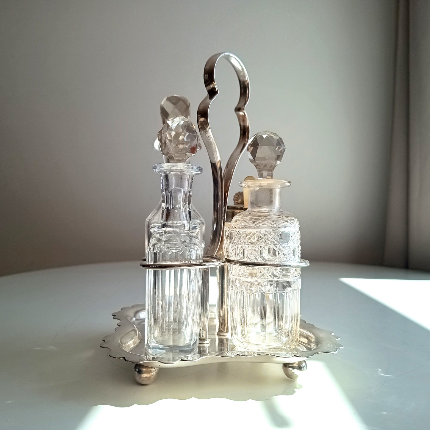 Antique A.E. Furniss & Sons Silver Plate Cruet Stand, 4 Cut Glass Condiment Bottles, Sheffield