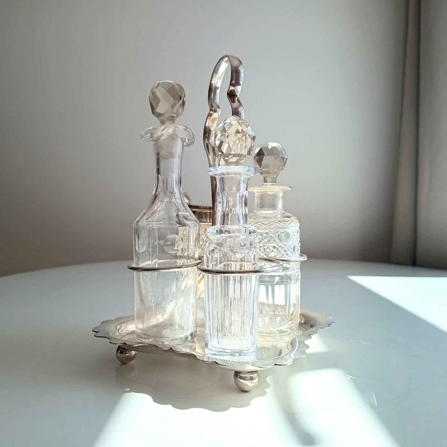Antique A.E. Furniss & Sons Silver Plate Cruet Stand, 4 Cut Glass Condiment Bottles, Sheffield