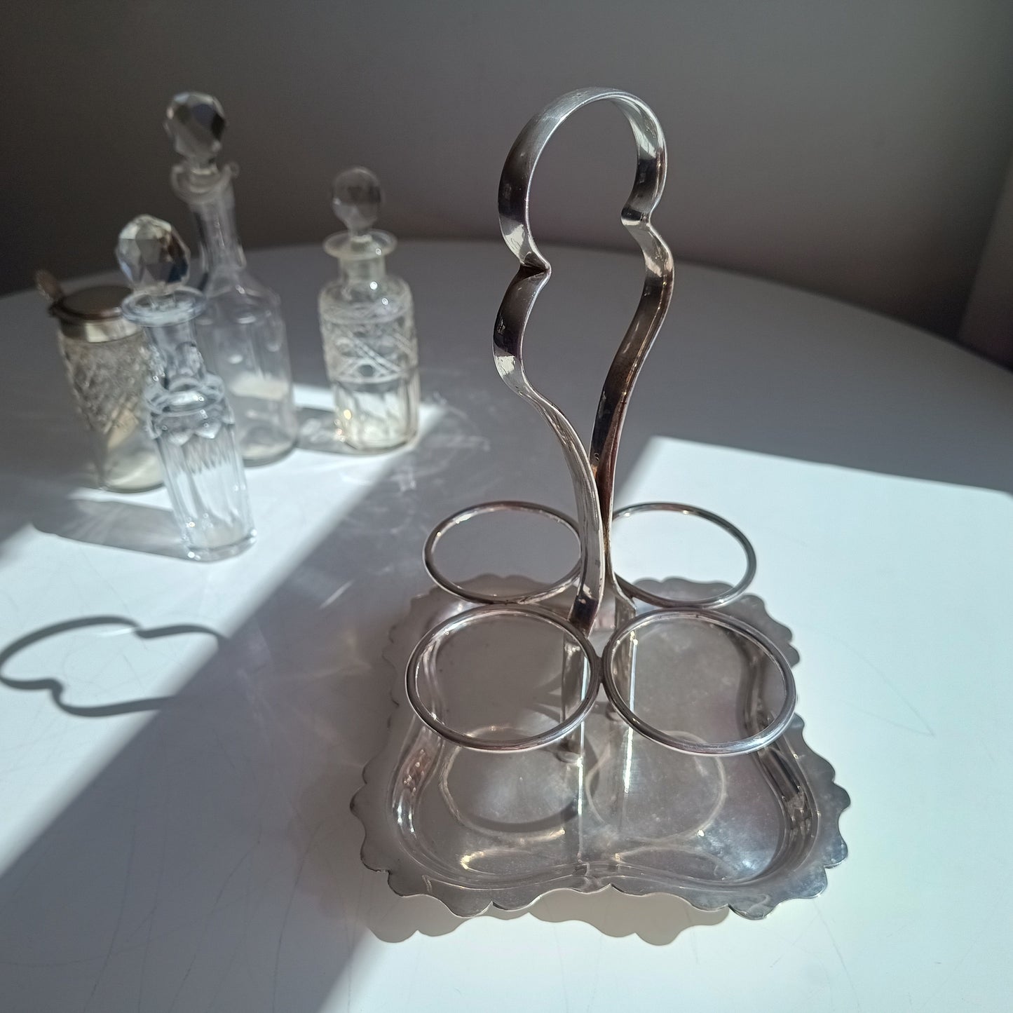 Antique A.E. Furniss & Sons Silver Plate Cruet Stand, 4 Cut Glass Condiment Bottles, Sheffield