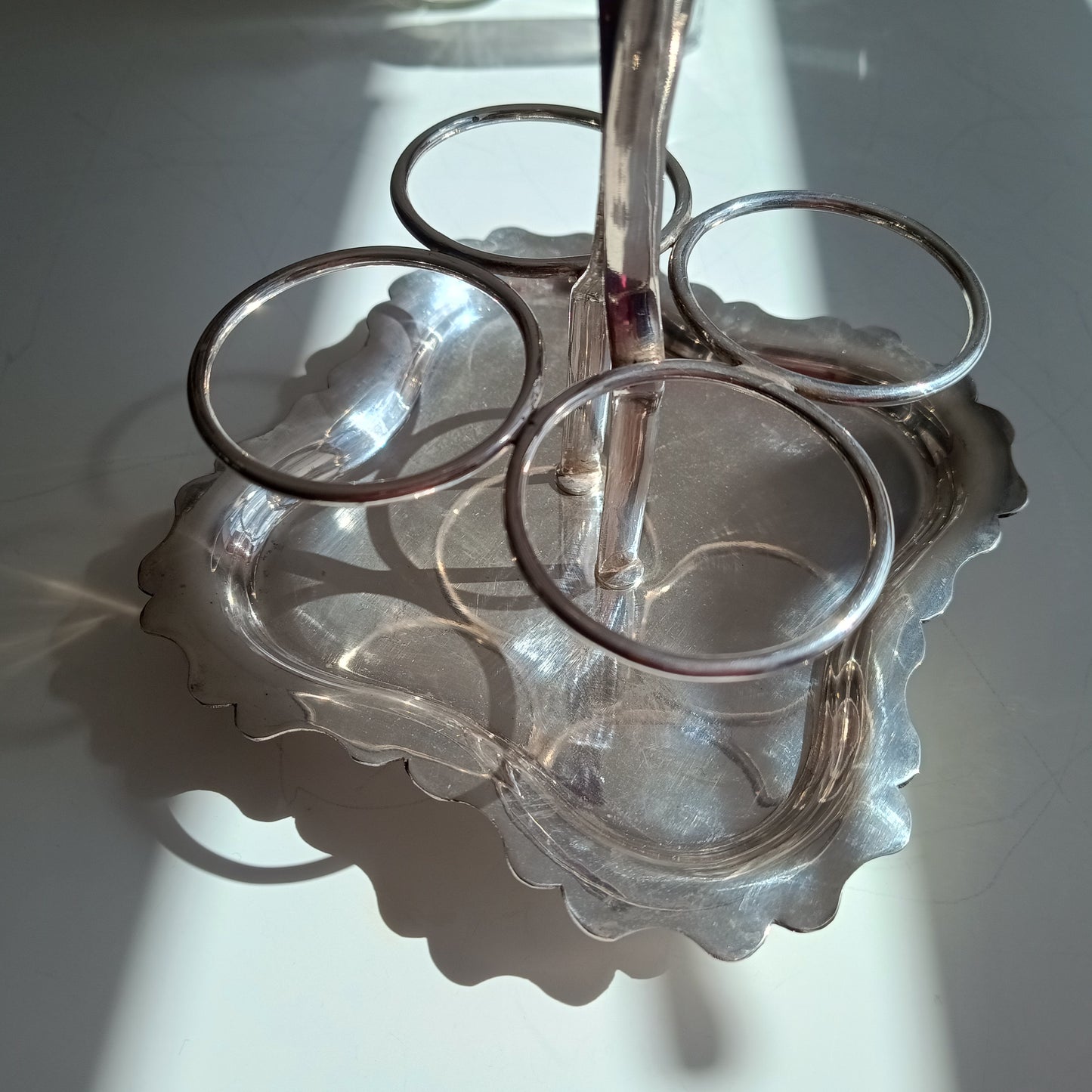 Antique A.E. Furniss & Sons Silver Plate Cruet Stand, 4 Cut Glass Condiment Bottles, Sheffield