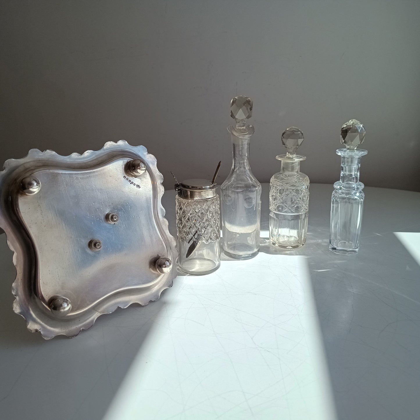 Antique A.E. Furniss & Sons Silver Plate Cruet Stand, 4 Cut Glass Condiment Bottles, Sheffield