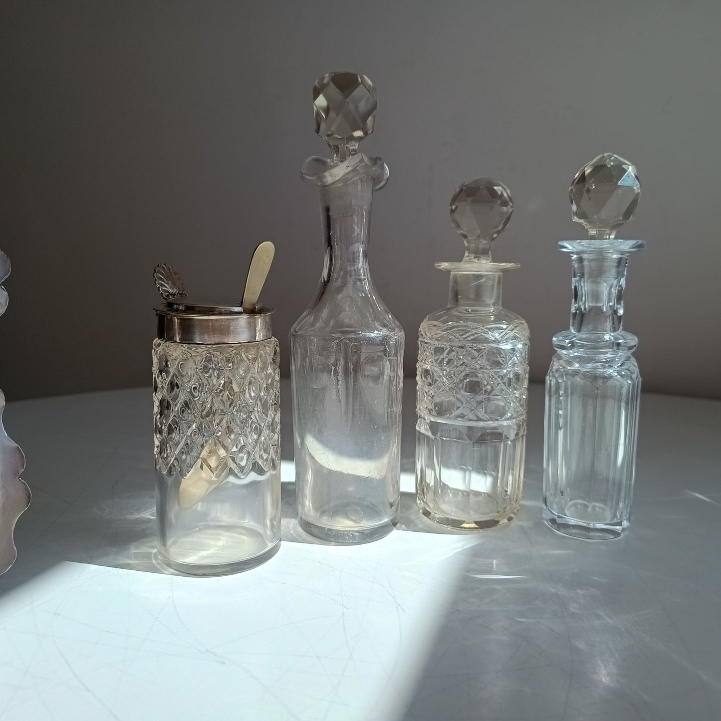 Antique A.E. Furniss & Sons Silver Plate Cruet Stand, 4 Cut Glass Condiment Bottles, Sheffield