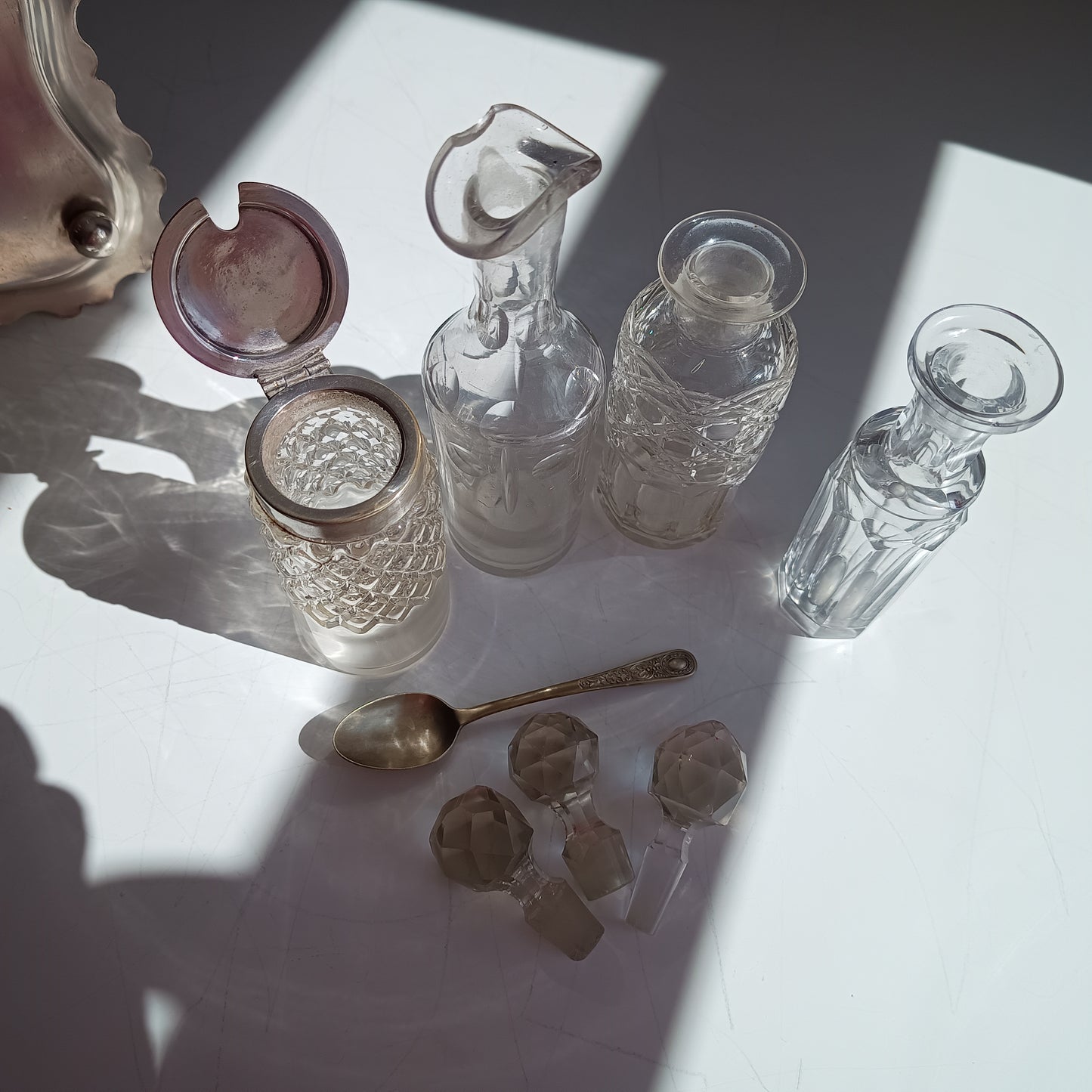 Antique A.E. Furniss & Sons Silver Plate Cruet Stand, 4 Cut Glass Condiment Bottles, Sheffield