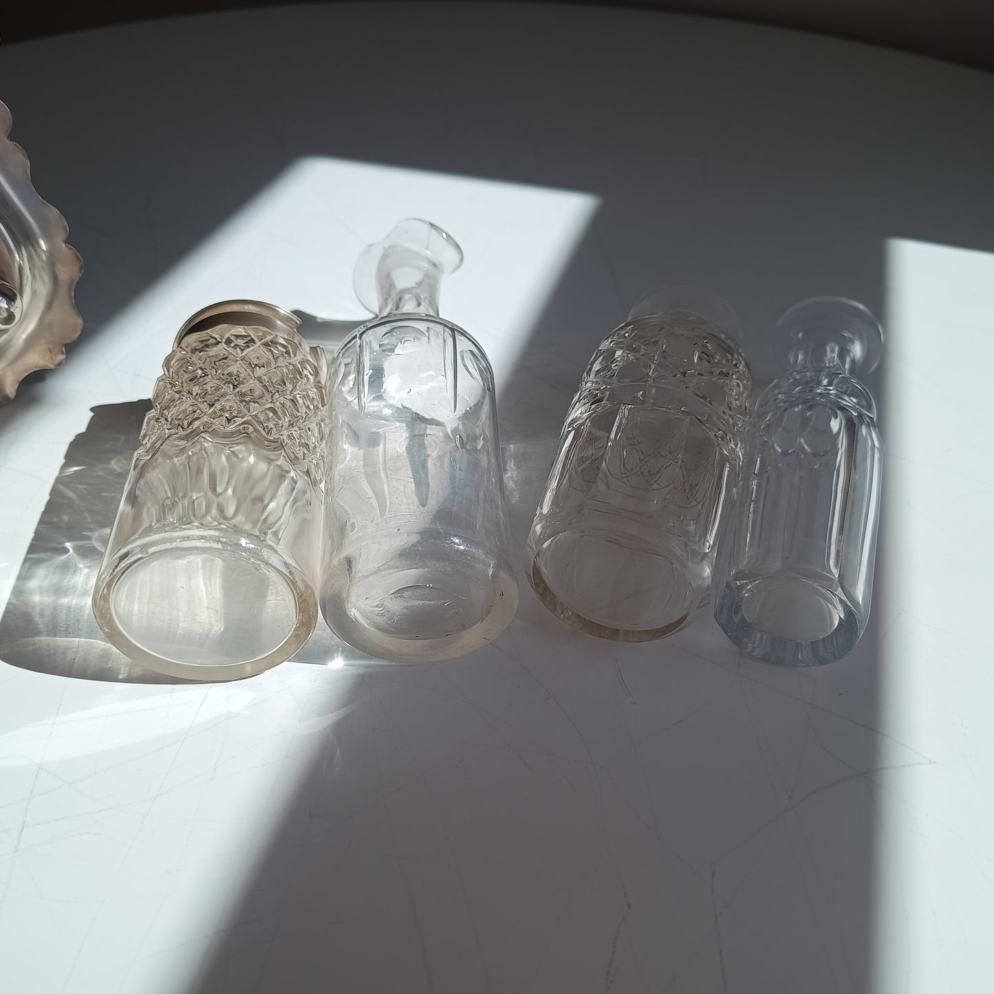 Antique A.E. Furniss & Sons Silver Plate Cruet Stand, 4 Cut Glass Condiment Bottles, Sheffield