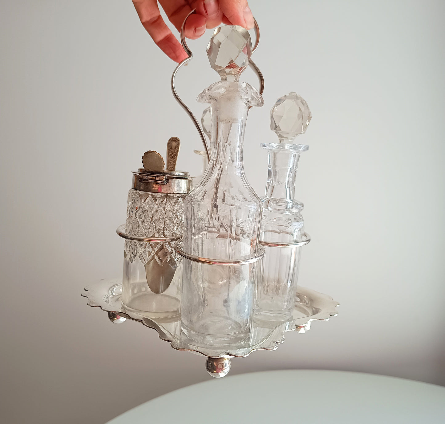 Antique A.E. Furniss & Sons Silver Plate Cruet Stand, 4 Cut Glass Condiment Bottles, Sheffield