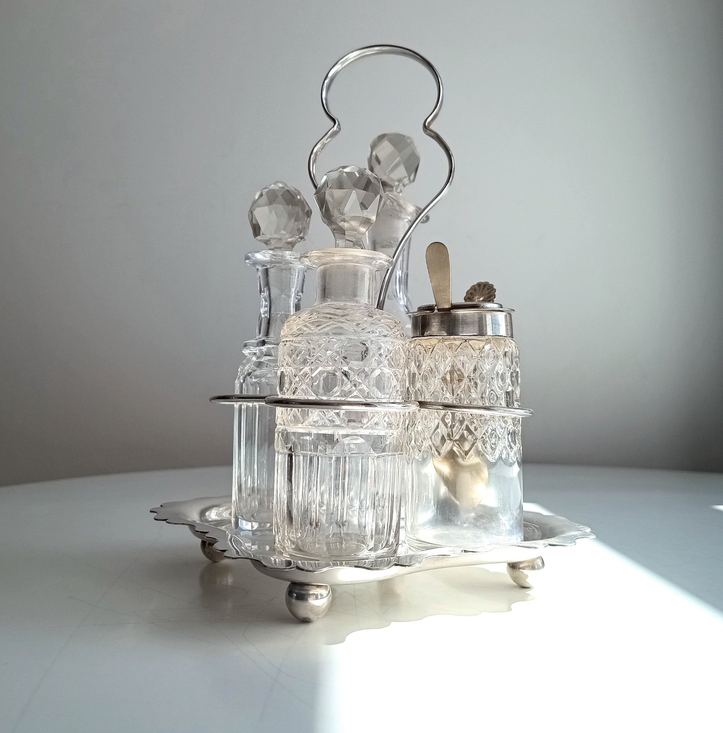 Antique A.E. Furniss & Sons Silver Plate Cruet Stand, 4 Cut Glass Condiment Bottles, Sheffield